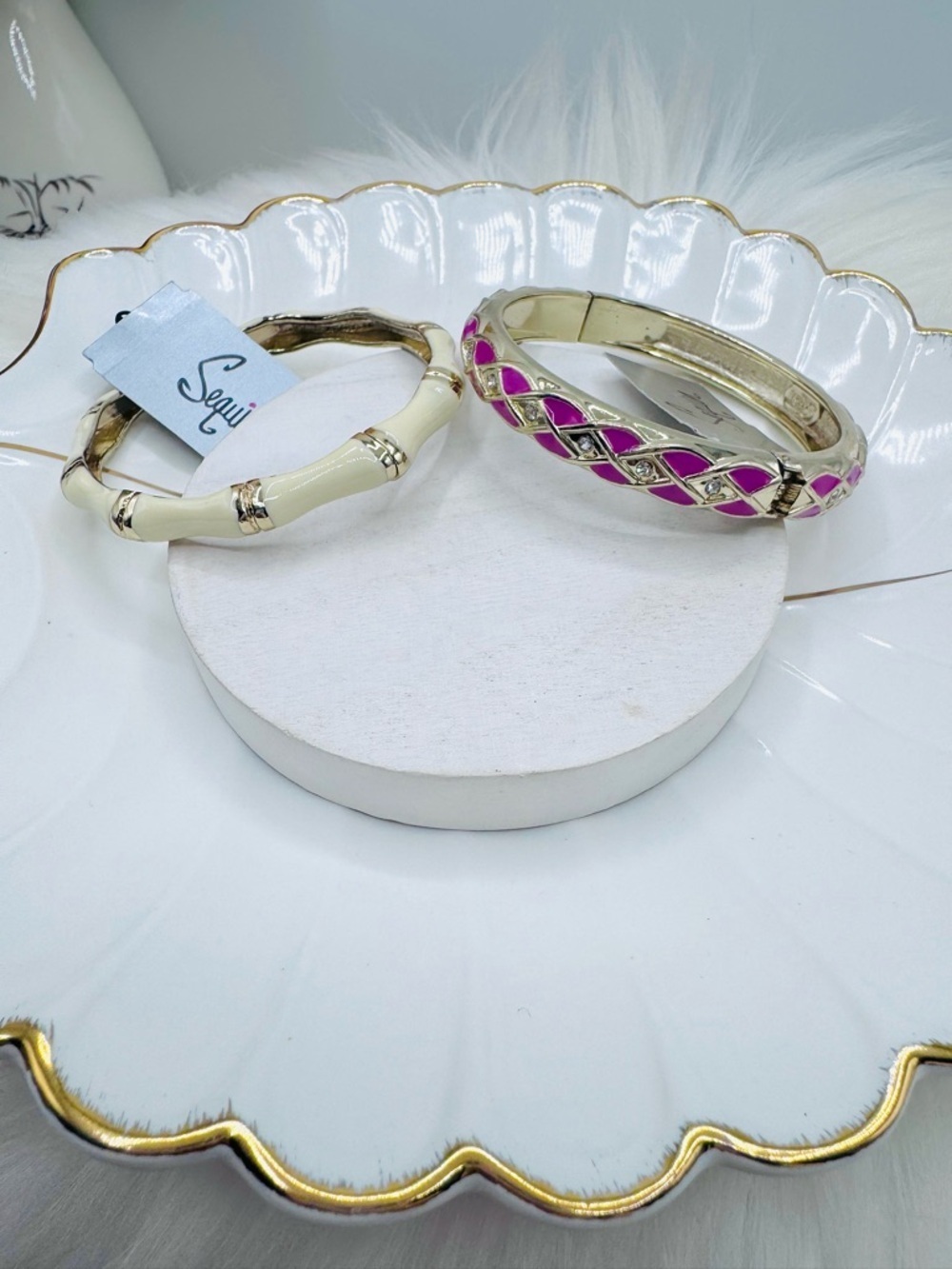Sequins 2 Gold Tone Bangle Bracelet Set Pink Enamel & Ivory Bamboo Style Hinged